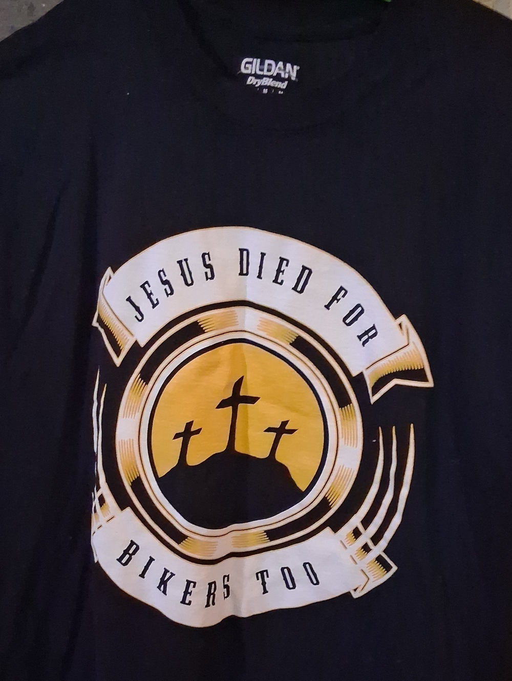 Gildan Black Tee with Yellow and White Faith Biker Graphic